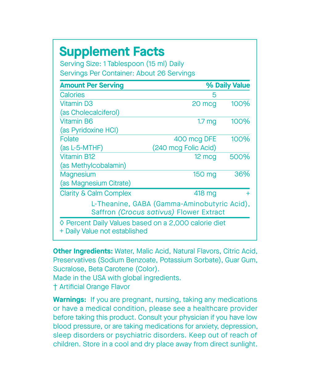 A Supplement Facts label detailing nutritional information, including vitamins, minerals, and a